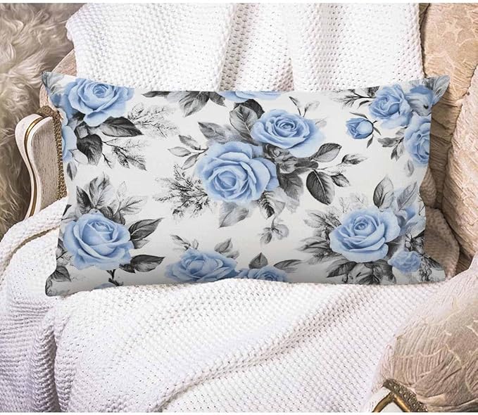 EKOBLA Farmhouse Throw Pillow Covers Blue Flowers Leaves Watercolor Floral Pattern Ink Painting Home Decorative Waist Lumber Cotton Linen Pillowcases Oblong Rectangle 12x20 Inches