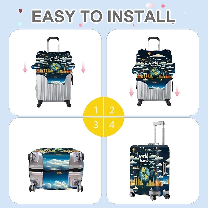 ANNA QUEEN World Travel Luggage Cover, Adventure Theme Suitcase Protector, Stretchable Washable Cover for 28-30 Inch Luggage