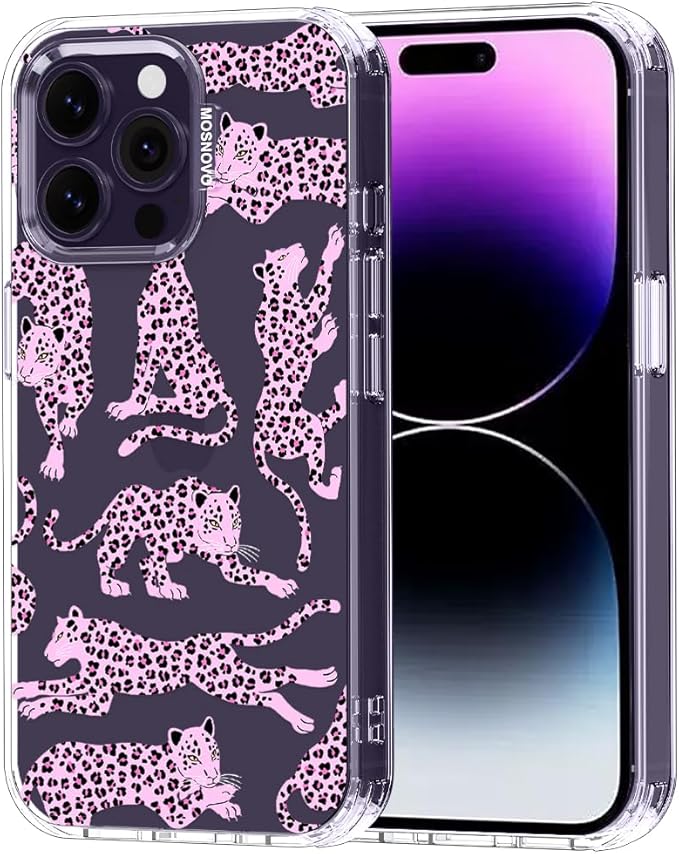 MOSNOVO Case for iPhone 14 Pro Max, [Buffertech 6.6ft Military-Grade Drop Protection] [Anti Peel Off Tech] Clear TPU Bumper Phone Case Cover Design - Pink Leopard