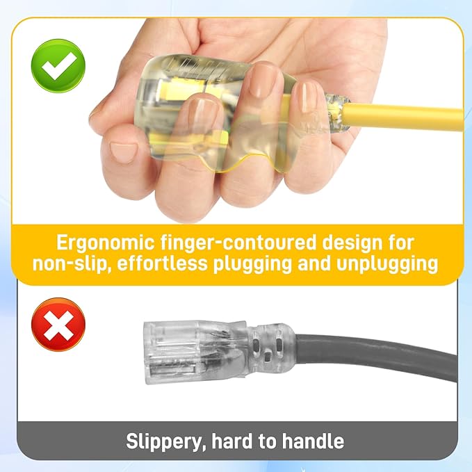 25FT 12/3 Gauge Heavy Duty Outdoor Extension Cord Waterproof, Weatherproof -58°F to 140°F with Lighted Outlet & Press-Release Lock, 15A 1875W 3 Prong, SJTW Electrical Power Cord, ETL Listed (Yellow)