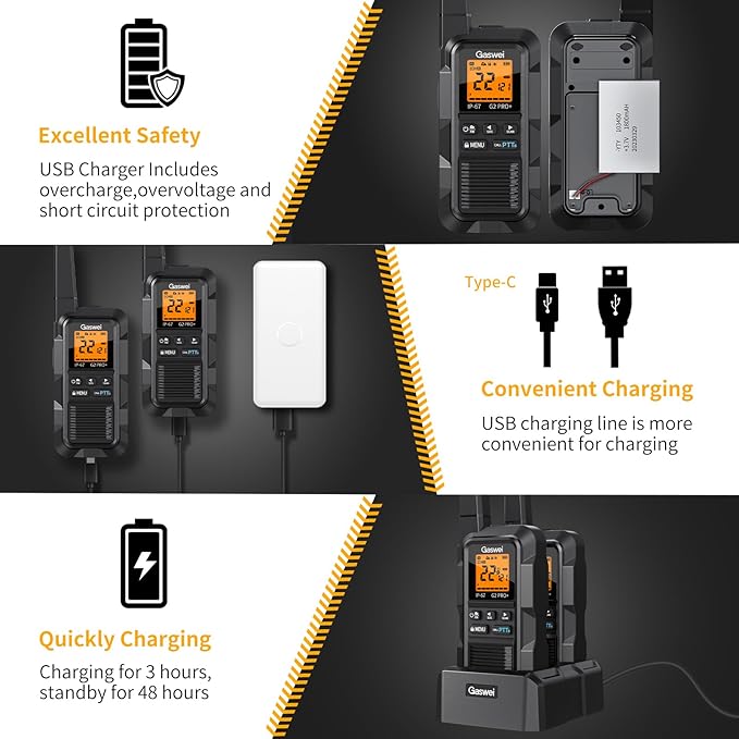 Gaswei G2pro+ Heavy Duty Walkie Talkies for Adults，Rechargeable Long Range Two Way Radios 2 watts ，NOAA Weather，FM Radio，IP67 Waterproof，VOX ，Double PTT，Li-ion Battery (2 Pack - Black)