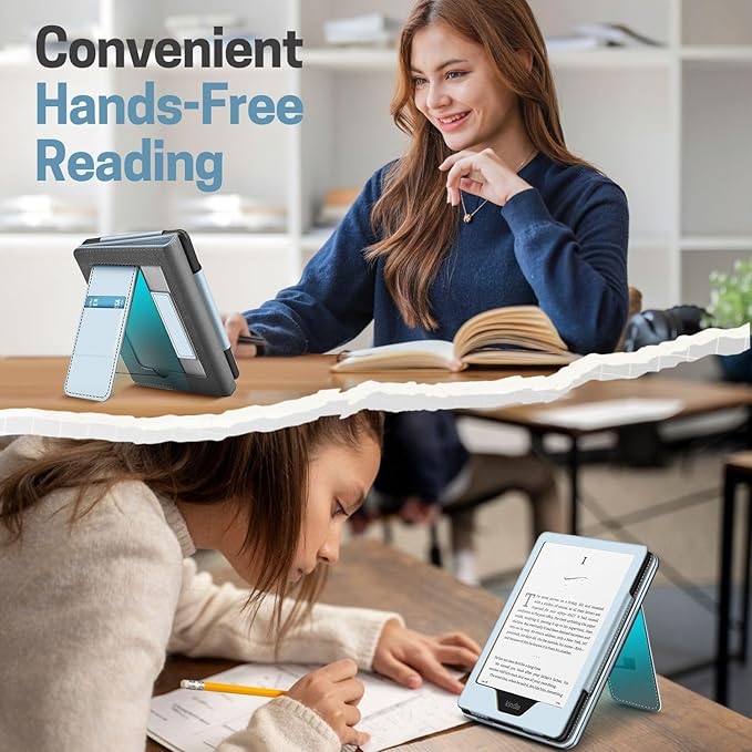 TNP Stand Case for Kindle Paperwhite 12th Generation 2024 / Kindle Colorsoft Signature Edition with Hand Strap & Card Slot - 7" PU Leather Protective Folio Cover with Auto Wake/Sleep, Light Blue