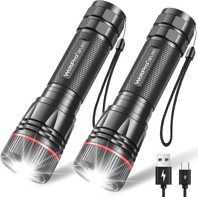 WdtPro Rechargeable Flashlights High Lumens, 2 Pack 10H Long Lasting Super Bright EDC Flashlight, LED Mini Tactical Flash Lights for Camping Emergency, Drop & Water Resistant (Battery Included)