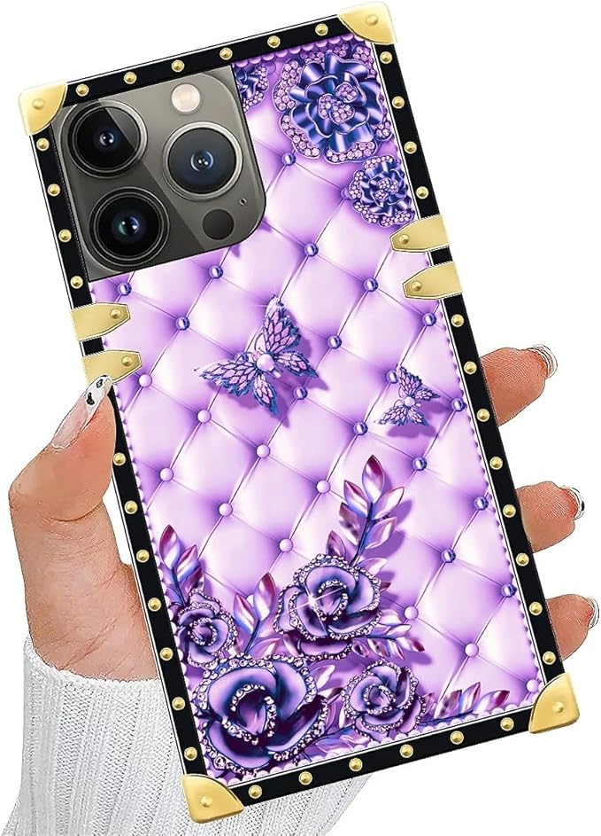 Compatible with iPhone 13 Pro Case, Purple Butterfly Flowers Leaf Luxury Golden Decoration for Girl Women Soft TPU Shockproof Protective Hard PC Back for iPhone 13 Pro