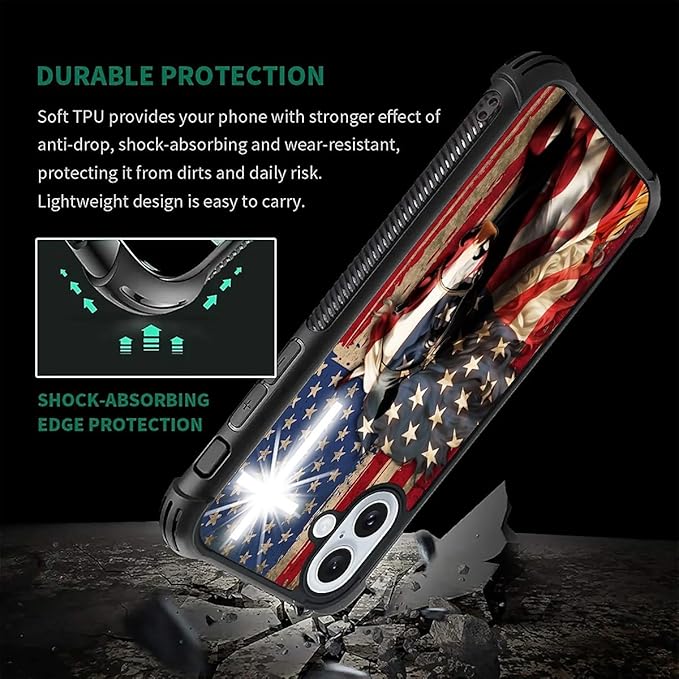 for iPhone 16 Plus Case, Red American Flag Horse Cross Pattern Graphic Design Girl Boy Soft Silicone Hard Acrylic Shock Protection for iPhone 16 Plus