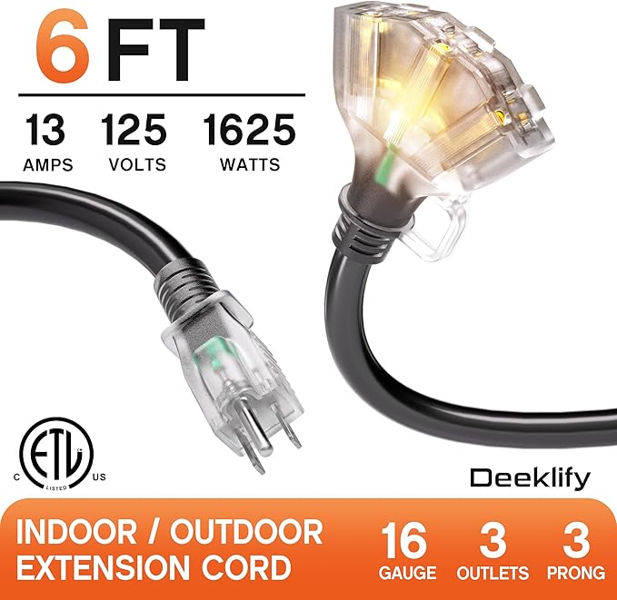 6 ft 16/3 awg 3 Outlet Extension Cord Splitter with Indicator, Waterproof Indoor/Outdoor Extension Cord with Multiple Outlets, 13A 1625W for Home & Workshop, ETL Listed, Flexible Black SJTW