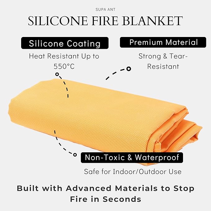 Fire Blanket -Certified 1500F Extra Thick, Glow In The Dark Fireproof Emergency Supplies. 500gsm, 0.5mm Thick Fire Blankets Emergency For Home. 2pc Silicone Emergency Blanket 40"x40" By Supa Ant