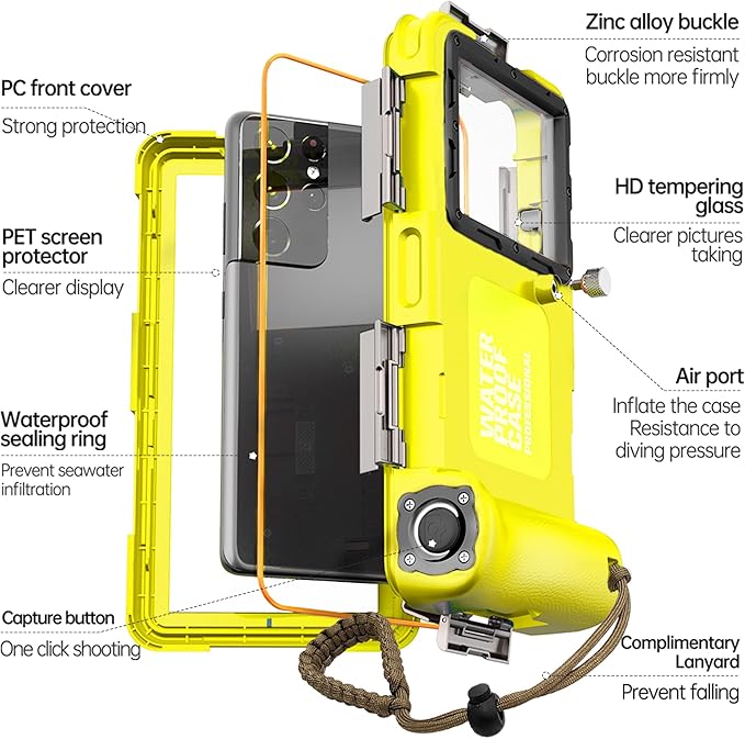 2026 Underwater Snorkeling Diving Phone Case for Phone 17/16/15/14/13/12Pro Max/Galaxy S25/S24/S23.(50ft/15m) Professional Scuba Dive Waterproof Case Underwater Photo Video（Yellow）