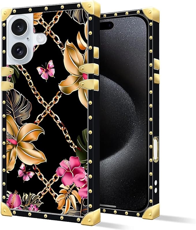 Compatible with iPhone 16 Plus Case, Pink Golden Chain Tropical Flower Luxury Golden Decoration for Girl Women Soft TPU Shockproof Protective Hard PC Back