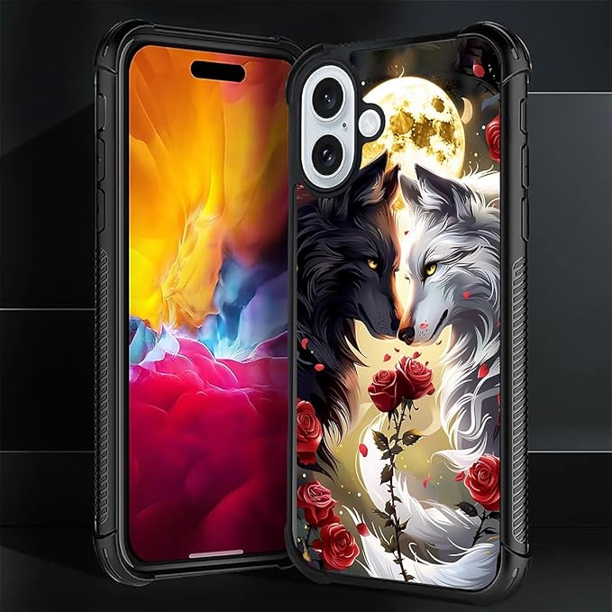 for iPhone 16 Case, Black White Wolf Moon Flower Rose Pattern Graphic Design Girl Boy Soft Silicone Hard Acrylic Shock Protection for iPhone 16