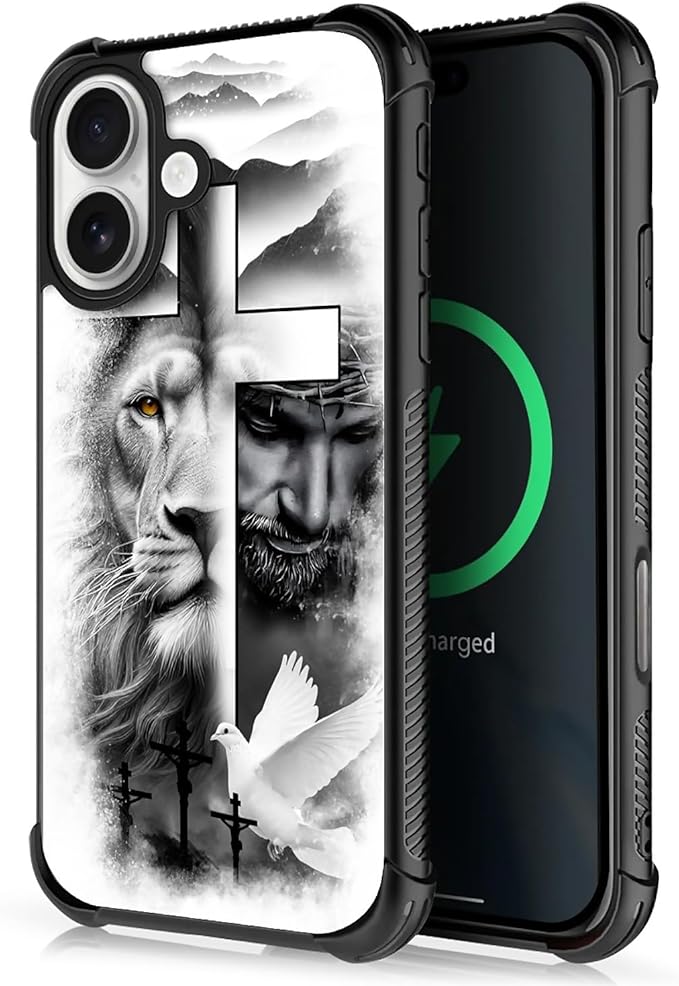 for iPhone 17 Case,for MagSafe Graphic Design for Girl Boy Soft Silicone Hard Acrylic Shock Protection Designed for iPhone 17 Lion Cross Jesus Christ Dove Pattern