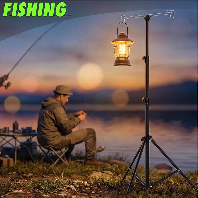 Telescopic Height Adjustable Camping Lantern Tripod Stand - 2-Hook Lantern Hanger for Outdoor Camping/RV/Tent