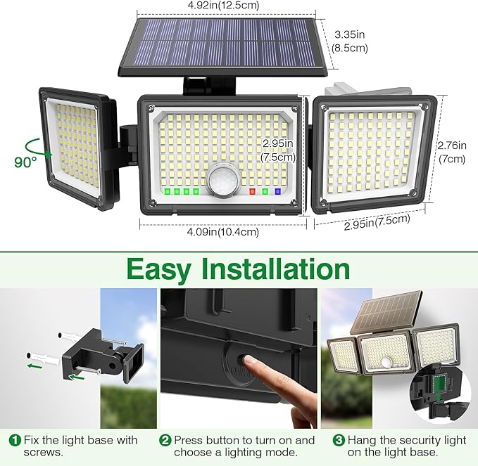 Solar Outdoor Lights Motion Sensor, 2500LM 286 LED Security Flood Lights with Visual Battery & Mode Display, 3 Lighting Modes, IP65 Waterproof 3-Head Wide Angle for Garage, Yard, Patio (1 Pack)