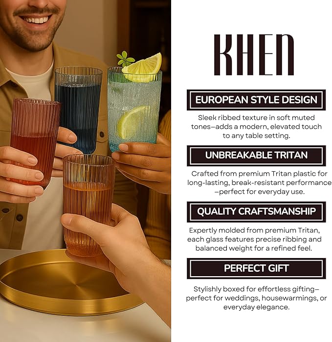 Khen Plastic Acrylic Ribbed Drinking Glasses – Set of 4 Multicolor 11.8oz Tritan Tumblers, European Style Shatterproof Drinkware – Durable, BPA-Free, Dishwasher Safe, Stackable & Unbreakable Cups