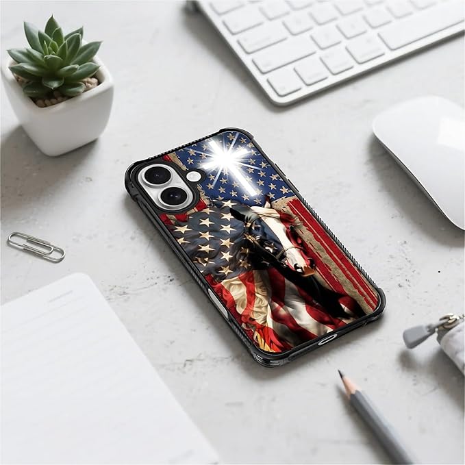 for iPhone 17 Case,for MagSafe Graphic Design for Girl Boy Soft Silicone Hard Acrylic Shock Protection Designed for iPhone 17 Red American Flag Horse Cross Pattern