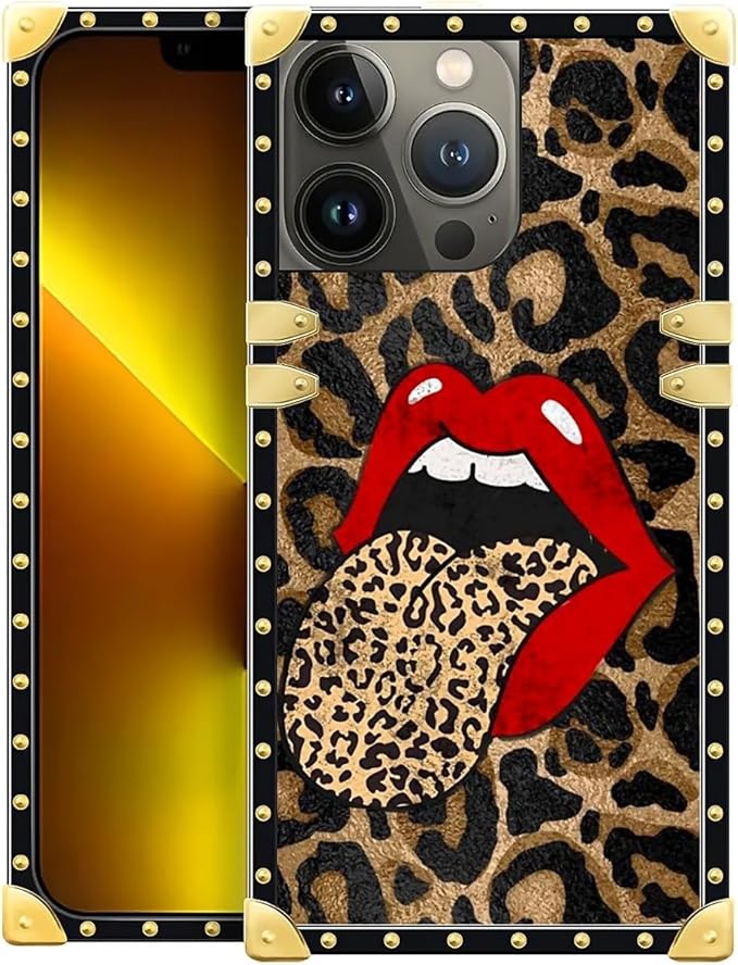 Compatible with iPhone 13 Pro Case, Brown Leopard Print Mouth Luxury Golden Decoration for Girl Women Soft TPU Shockproof Protective Hard PC Back for iPhone 13 Pro