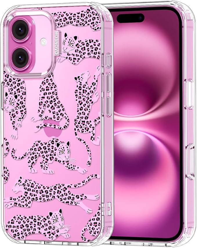 MOSNOVO Case for iPhone 16, [Buffertech 6.6ft Military-Grade Drop Protection] [Anti Peel Off Tech] Clear TPU Bumper Phone Case Cover Design - Pink Leopard
