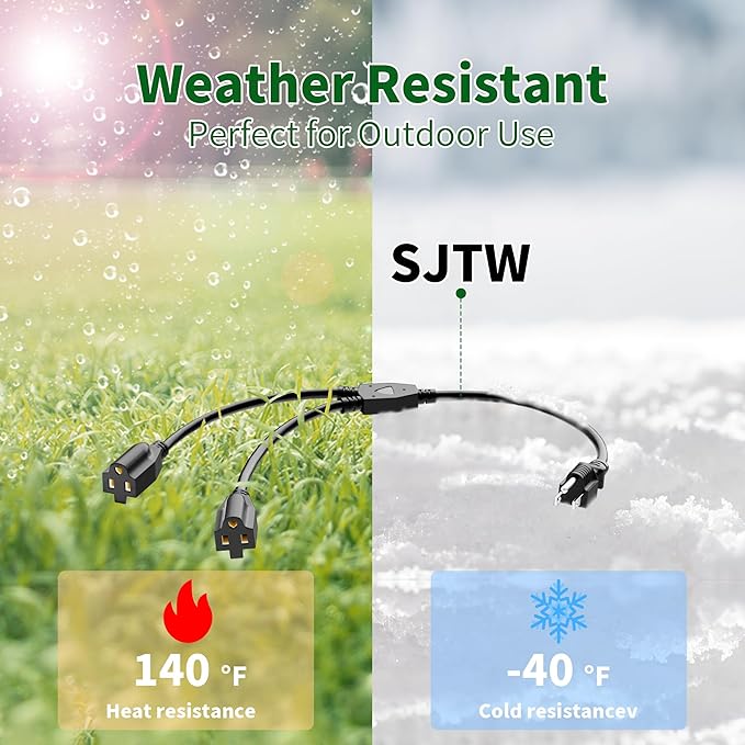 Elecan 3-Prong Y Splitter Power Extension Cord 1 FT, Straight Plug 1 to 2 Way Outlet Space Saver, Heavy Duty Weatherproof SJTW, 16AWG 13A, 5-15P Cable Extender for Indoor Outdoor-UL