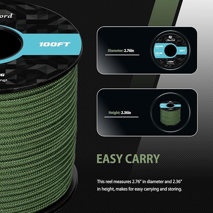 Abma Cord 2.4mm Paracord 275 100ft Nylon Rope 4 Strands Tactical Parachute Cord - Max. 275lbs - Forest Green
