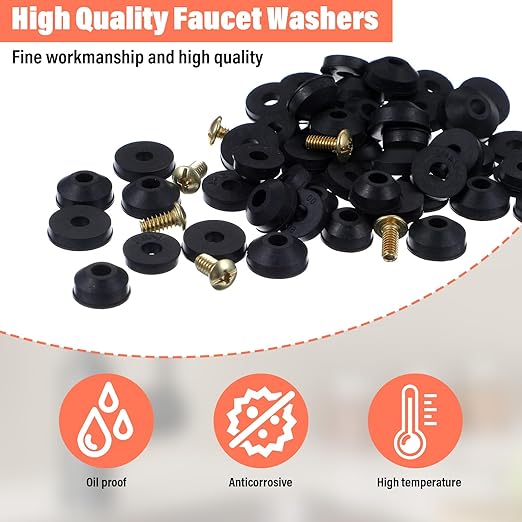 58PCS Rubber Faucet Washers Assorted Kit Outdoor Faucet Repair Kits with Brass Screws Flat and Beveled Hose Filter Washer Worn Out Replacements for Use Assortment Quick-Opening Style Faucets Stem