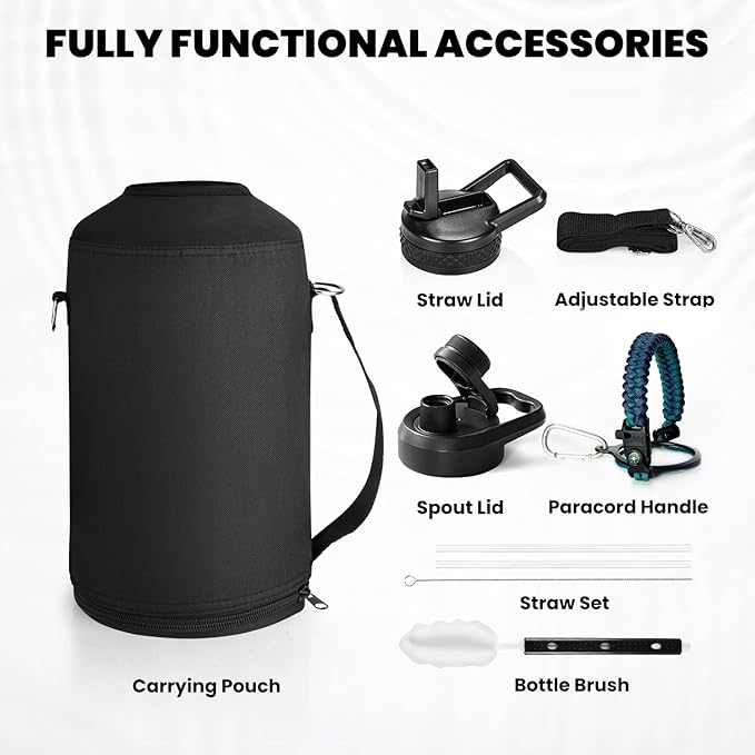 RAYMYLO One Gallon Water Bottle Insulated, Triple Walled Vacuum Stainless Steel (Cold for 48 Hrs), Leak Proof & Non-BPA, Large Water Flask Jug with Paracord Handle & Straw Spout Lids