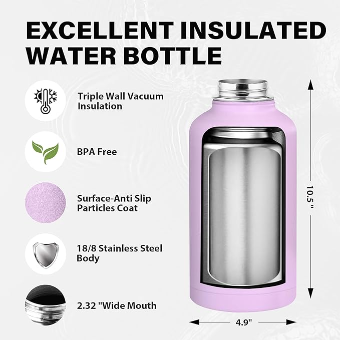 Insulated Water Bottle 64 oz, Triple Wall Vacuum Stainless Steel Water Bottles (Cold for 48 Hrs), Leak Proof & Non-BPA, Half Gallon Water Flask Jug Wide Mouth Straw Lid & Spout Lid