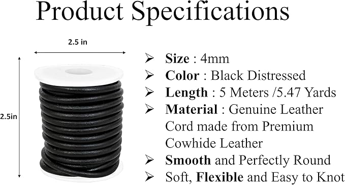 GENIQUE Real/Genuine Round Leather String Cord for Necklace, Bracelets, Jewellery, Braiding (Black Distressed, 4mm)