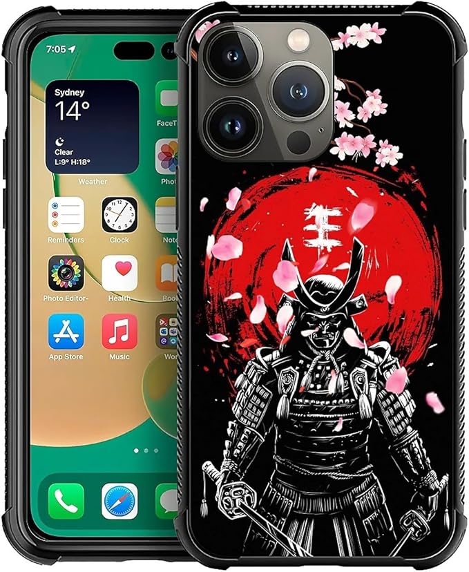 for iPhone 13 Pro Case, Sakura Japanese Samurai Pattern Graphic Design Girl Boy Soft Silicone Hard Acrylic Shock Protection for iPhone 13 Pro