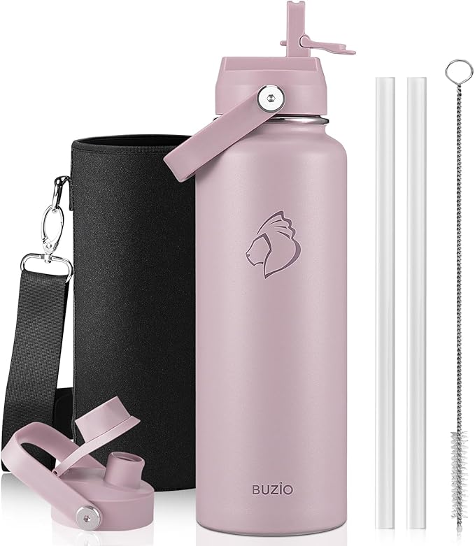 BUZIO 40 oz Water Bottle Insulated, Triple Wall Vacuum Stainless Steel Flask (Cold for 48 Hrs), Leakproof BPA-Free Wide Mouth Metal Jug Hydro Canteen with 2 Lids, Purple