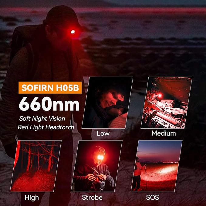 sofirn Bright Red Headlamp Rechargeable, H05B 1200 Lumens Lightweight Head Flashlight with Red Light, Adjustable Headband, 180 Degree Movable Tilt, Head Lamp for Adults Camping Hiking Fishing