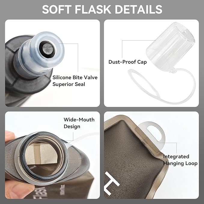 250ml Soft Flask Soft Water Bottle for Running, Hiking, Travelling, Cycling and Climbing - TPU Material - Grey