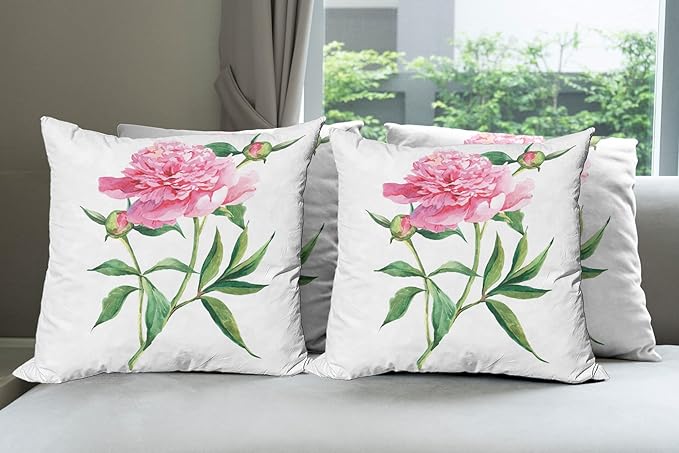 Ambesonne Watercolor Flower Throw Pillow Cushion Case Pack of 4, Vintage Peony Painting Botanical Spring Garden Flower Nature Theme, Modern Accent Double-Sided Digital Printing, 24", White Pink
