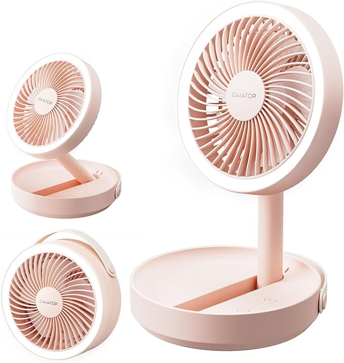 Gaiatop Foldable Small Desk Fan, 6000mAh Battery Powered Portable Fan with LED Night Light, USB Rechargeable, Bedroom Office Dorm Travel Camping Essentials, Cruise Gifts for Women Girls Mom, Pink