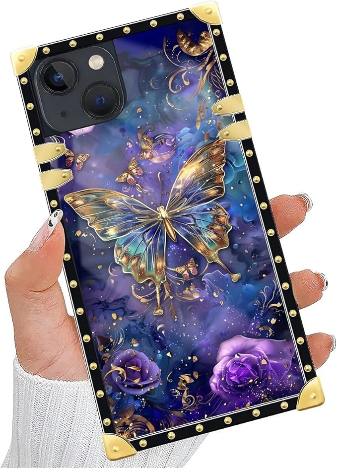 Compatible with iPhone 13 Case, Glistening Golden Butterfly Vibrant Purple Blue Luxury Golden Decoration for Girl Women Soft TPU Shockproof Protective Hard PC Back for iPhone 13