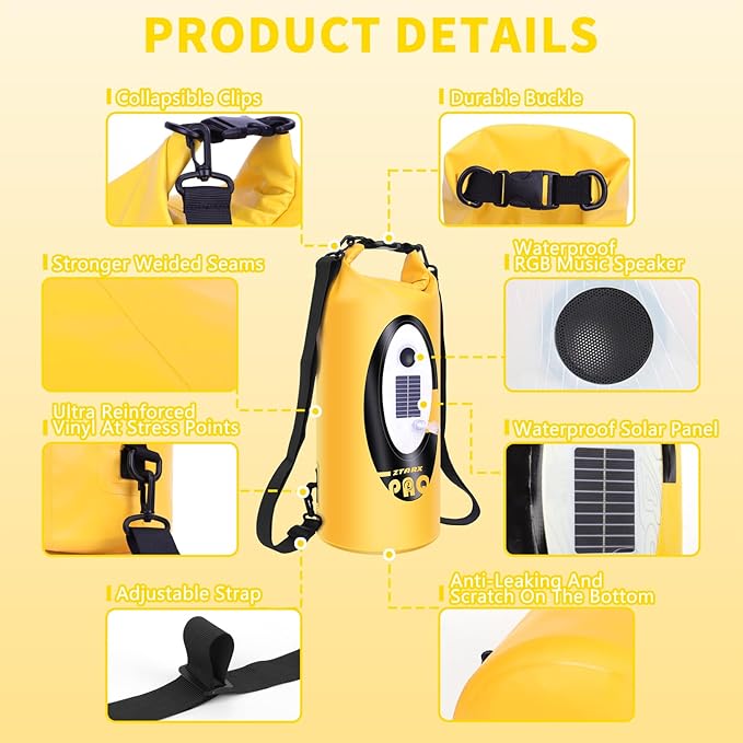 FELICON Solar/Battery Powered Multi-Functional Backpack with Bluetooth Speaker,IP66 Waterproof Dry Bag,Heavy Duty Roll Top Closure,Large Capacity Bag for Camping,Hiking,Traveling (Yellow 10L)