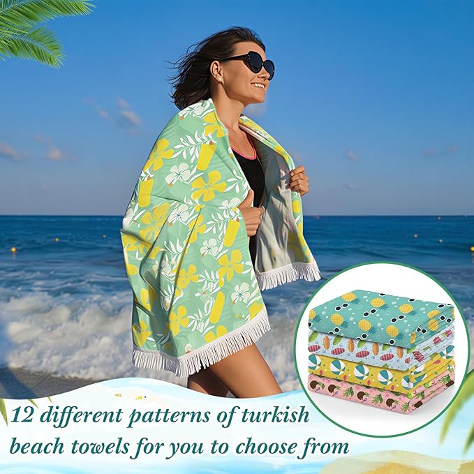 Peryiter 24 Pack Microfiber Oversize Turkish Beach Towel Set 12 Large Absorbent Beach Towels with 12 Storage Bag 28 x 55 Quick Dry Lightweight Bath Towel Blanket for Hawaii Camp Swim Pool(Palm Leaves)