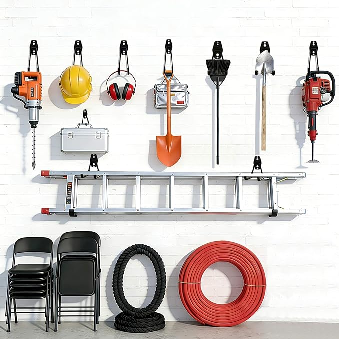 Garage Hooks Heavy Duty, 6 Pack Medium Square Steel Garage Storage Hooks with Anti-Slip Coating, Multi-Purpose Ladder Hooks for Hanging Garden Tools, Hoses, Bikes and Folding Chairs (Orange)