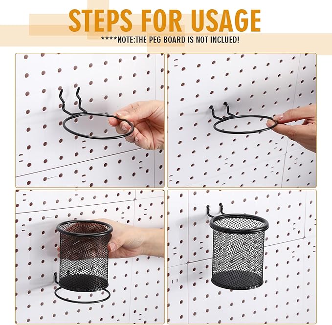 Spakon 6 Sets Pegboard Cups with Ring Hook, Peg Board Baskets Bin Holder Organizer Accessories Pegboard Pencil Cup Multipurpose Metal Pen Holder for Office Garage(Black,2.95x2.95x3.74'',Straight)