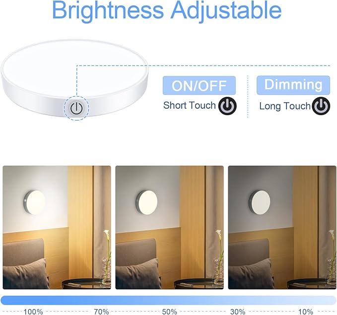 Ferswe Rechargeable Tap Lights, Dimmable Touch Night Lights with 1000mAh Large Battery, Stick on Light for Closet, Bedroom, Bathroom and Cabinet (2 Pack)