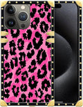 Compatible with iPhone 16 Pro Max Case, Pink Black Leopard Luxury Golden Decoration for Girl Women Soft TPU Shockproof Protective Hard PC Back