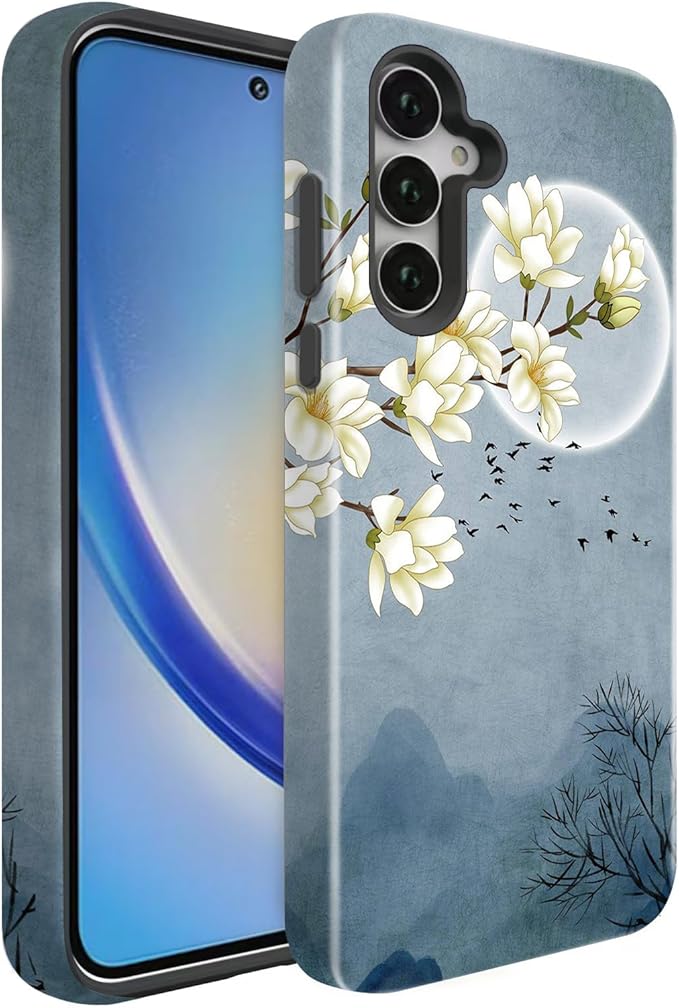 Compatible for Samsung Galaxy A37 5G Case, Dual Layer Heavy Duty 2 in 1 Shockproof Protective Phone Case,Magnolia Flowers Mountain and Birds