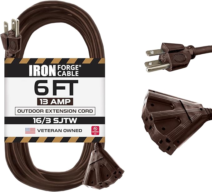 Iron Forge Cable 6ft Brown Outdoor Extension Cord with 3 Outlets - 16/3 SJTW 6ft Extension Cord 3 Prong, 13 Amp All-Weather Heavy Duty Power Cable