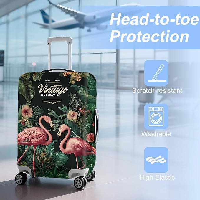 ANNA QUEEN Tropical Pink Flamingos Travel Luggage Cover -Stretchable Airplane Suitcase Protector Sleeve,Universal Washable Fit for 20-26 Inch Checked Baggage,Water Resistant Durable Luggage Protector