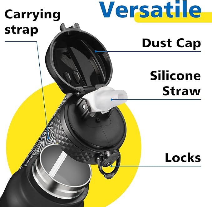 Han's Bottle Kids Water Bottle with Straw Lid - Insulated Stainless Steel Reusable Tumbler for Girls,Boys,Thermo Mug,17oz,Black