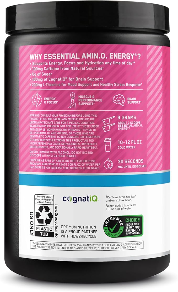 Optimum Nutrition Amino Energy Powder Plus Focus, with BCAA, Electrolytes, and Caffeine, Watermelon, 30 Servings (Packaging May Vary) (Pack of 6)