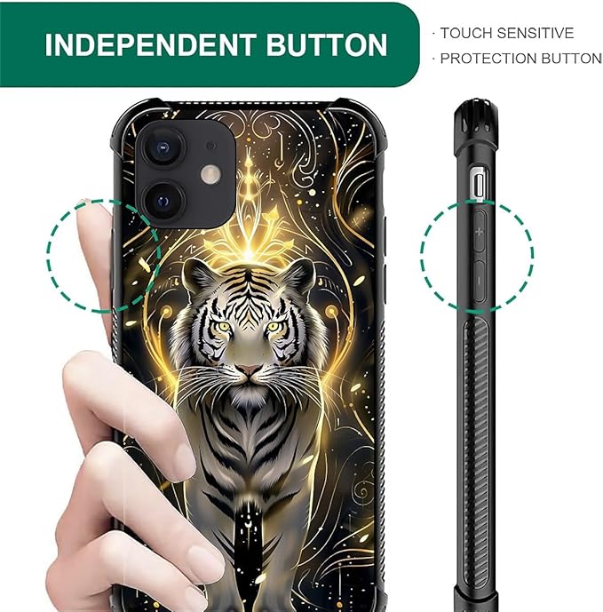 for iPhone 12/12 Pro Case, White Tiger Golden Mystery Pattern Graphic Design Girl Boy Soft Silicone Hard Acrylic Shock Protection for iPhone 12/12 Pro