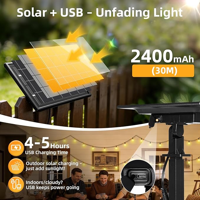 Solar Lights Outdoor Waterproof: G40 30M 100FT Shatterproof Bulbs Patio Lights - Solar Powered 3 Light Modes Solar Light - Camping Backyard Garden Deck Outside Yard