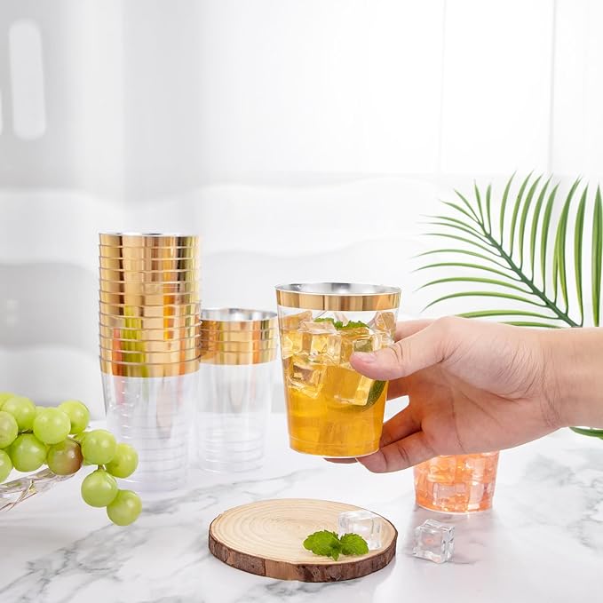 I00000 100PCS Gold Plastic Cups,10 oz Clear Plastic Cups with Gold Trim, Beer Mugs，Disposable Hard Cup For Party, Premium Cup Perfect for Wedding & Party