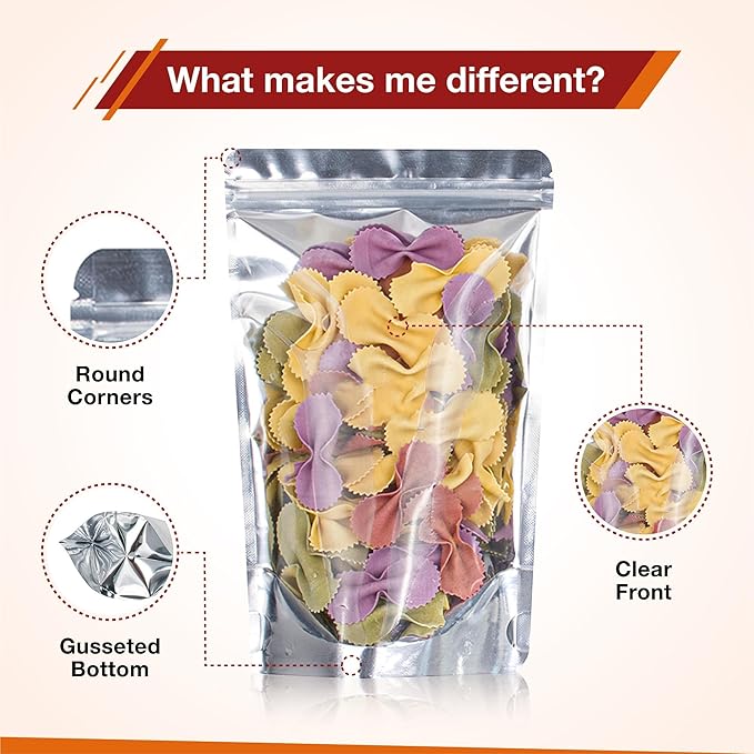 BELLE KR® 5x8 Mylar Bags with Window Stand Up - Pack Of 100, 7.5mil Thick - Clear Front Pint Mylar Bags for Food Storage and Freeze Dried Candy - Bonus Labels Included