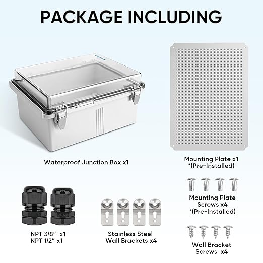 TICONN Outdoor Electrical Box Waterproof, Junction Box IP67 ABS Plastic Enclosure with Hinged Cover with Mounting Plate, Wall Brackets, Cable Glands (Clear, 19.7"x15.7"x7.9")